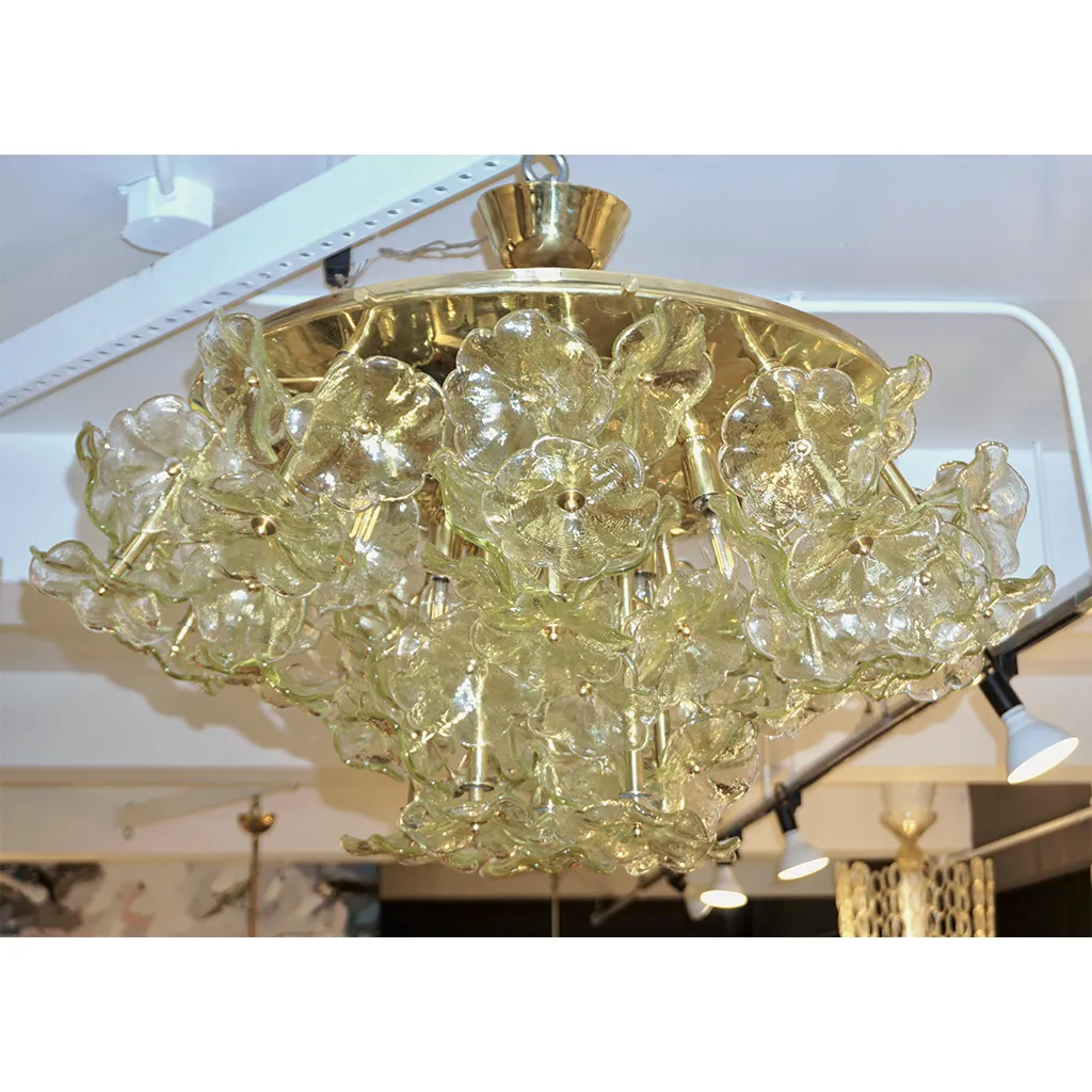 1970s Italian Buttercup Yellow Murano Glass Flower Brass Chandelier/Flush Mount