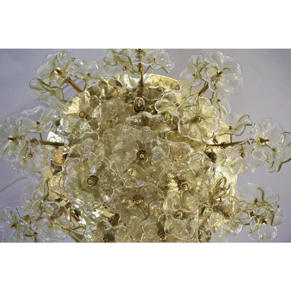 1970s Italian Buttercup Yellow Murano Glass Flower Brass Chandelier/Flush Mount