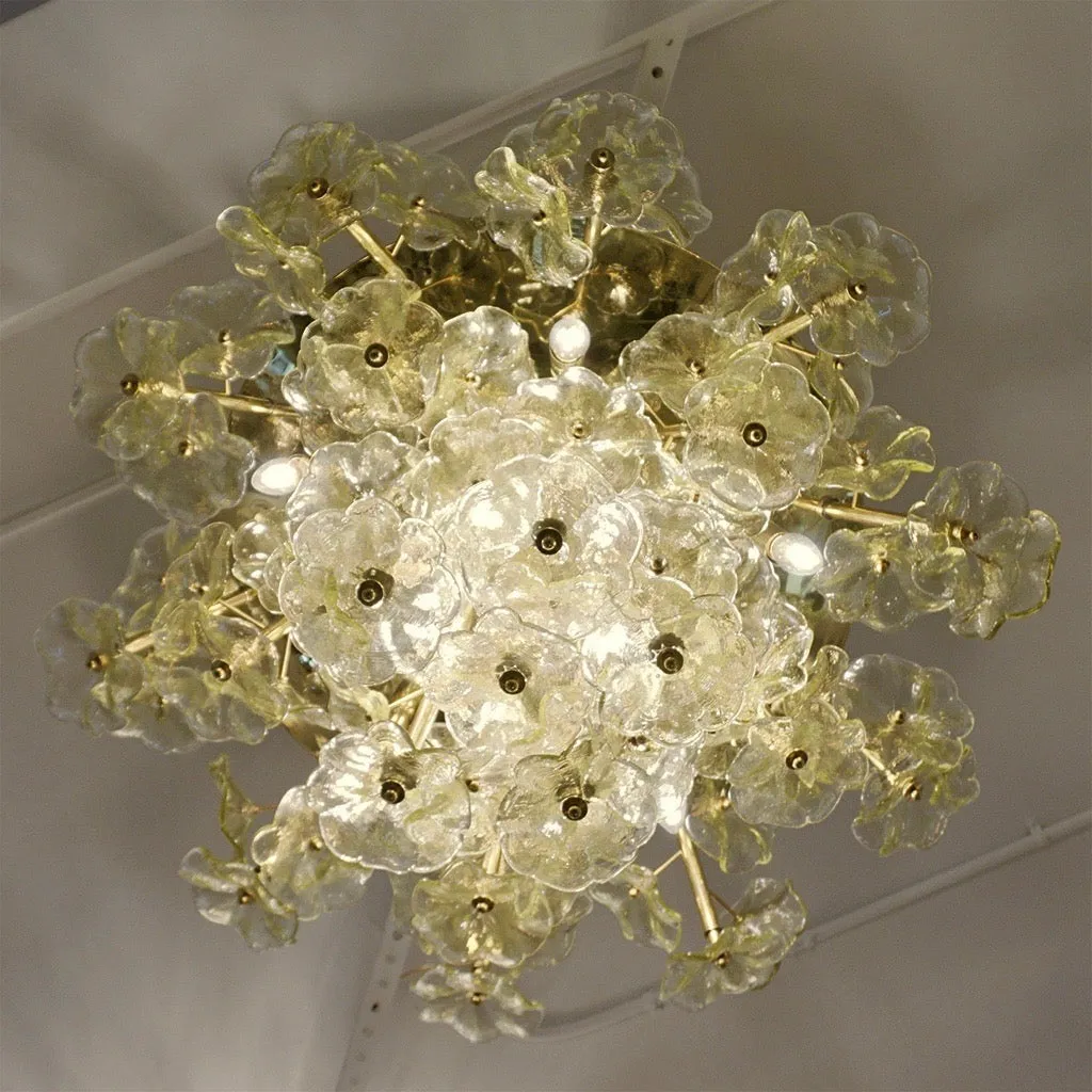 1970s Italian Buttercup Yellow Murano Glass Flower Brass Chandelier/Flush Mount