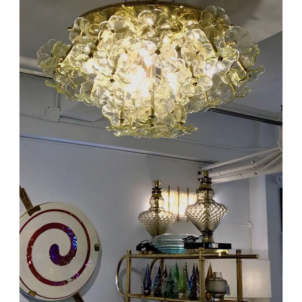 1970s Italian Buttercup Yellow Murano Glass Flower Brass Chandelier/Flush Mount