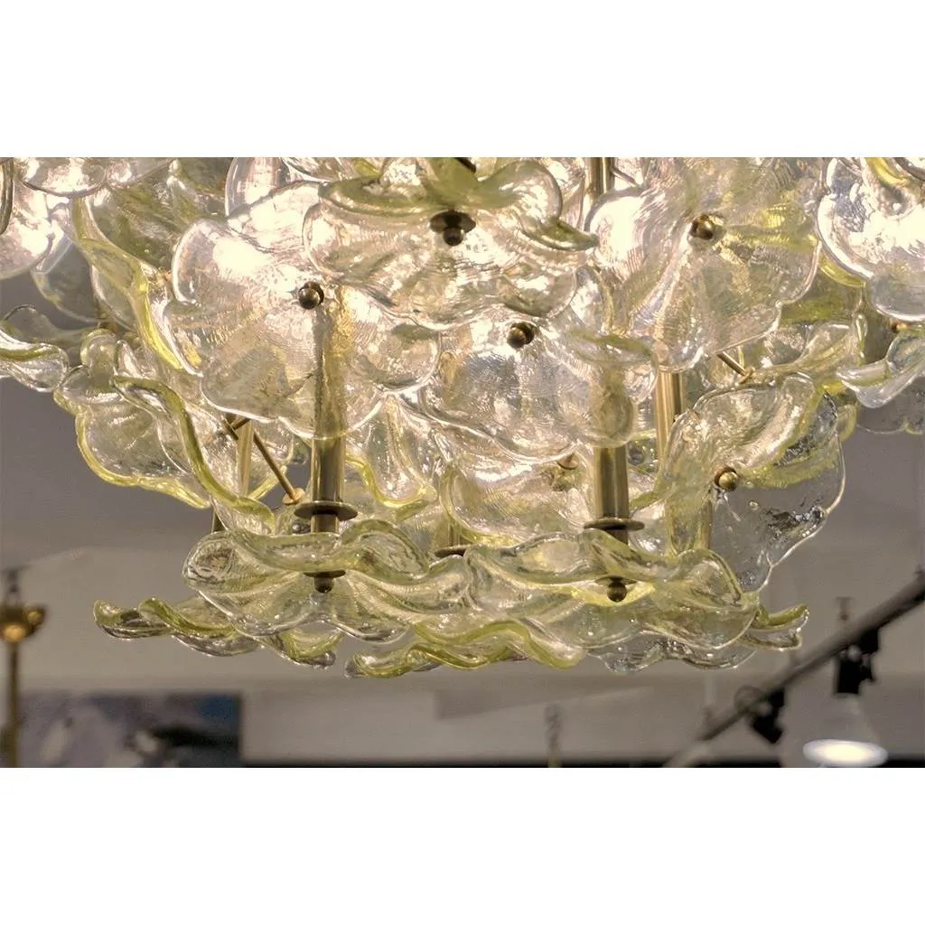 1970s Italian Buttercup Yellow Murano Glass Flower Brass Chandelier/Flush Mount