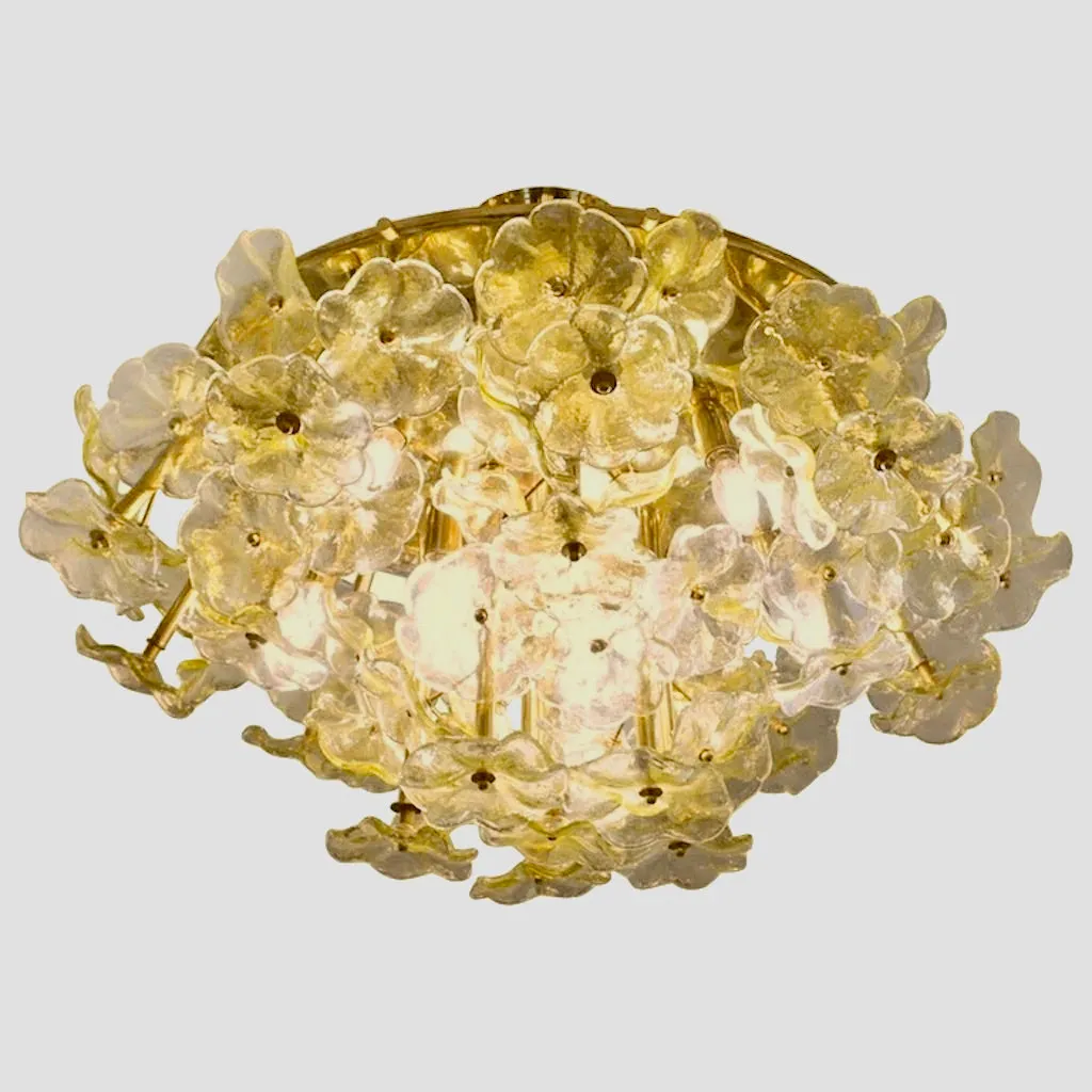 1970s Italian Buttercup Yellow Murano Glass Flower Brass Chandelier/Flush Mount