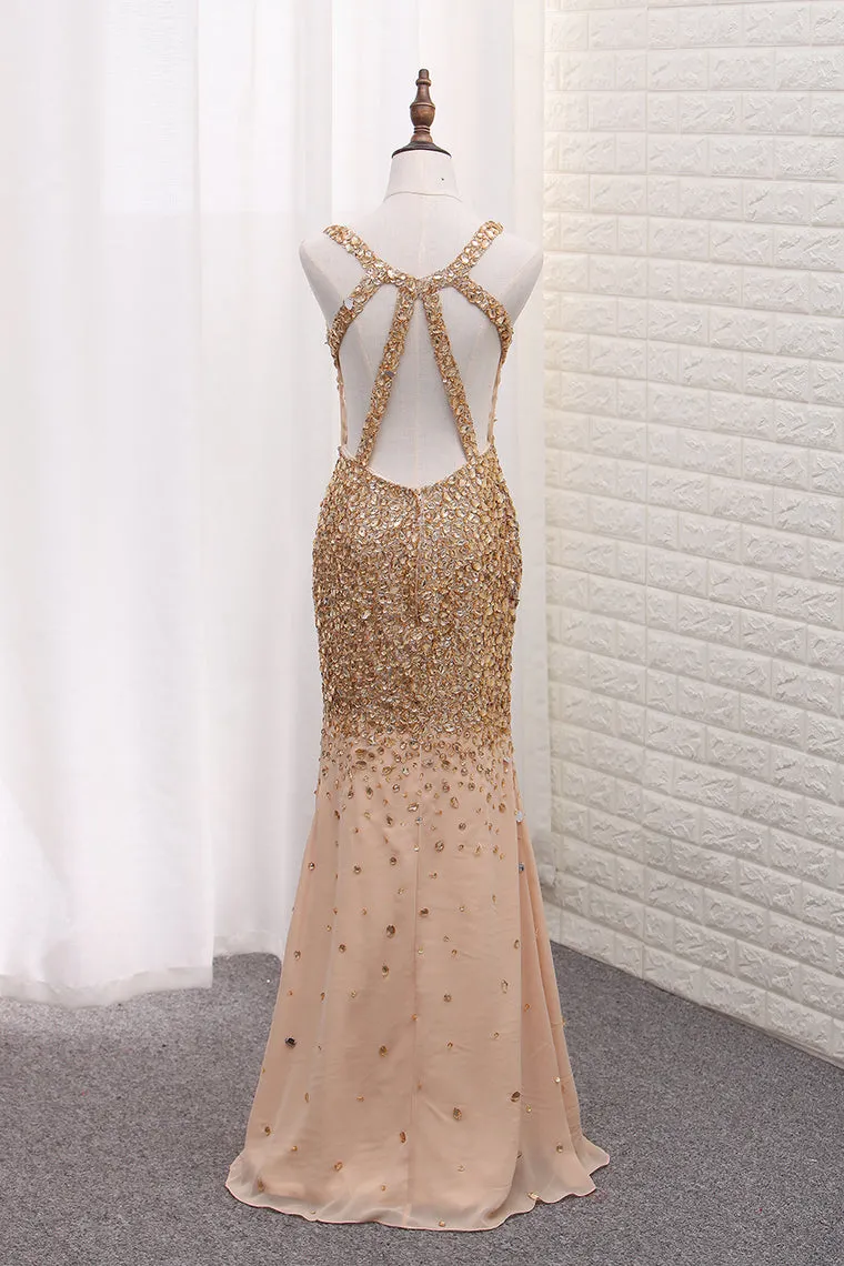 2024 Luxury Mermaid Chiffon Beaded Bodice Straps Prom Dresses With Slit Crossed Back