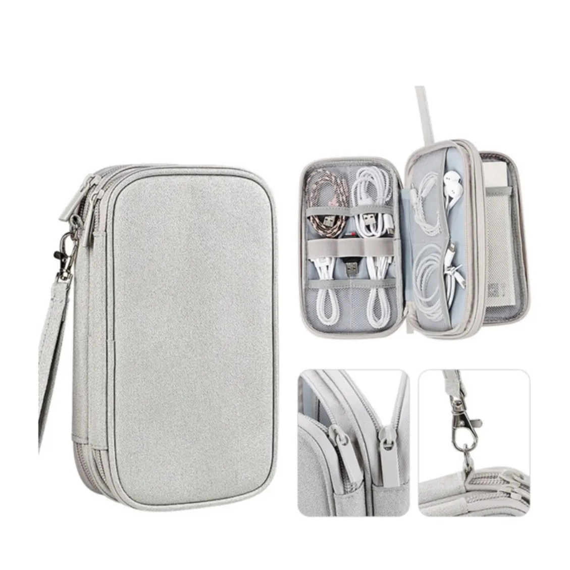 (20x11.5x6cm) Universal fabric bag travel organizer for smartphones / charging cable with double zipper (size M) - Grey