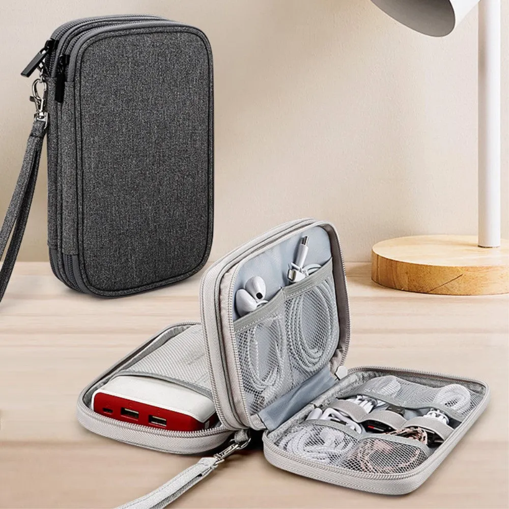 (20x11.5x6cm) Universal fabric bag travel organizer for smartphones / charging cable with double zipper (size M) - Grey