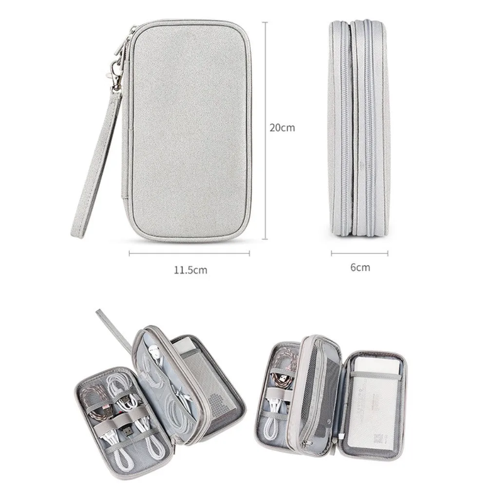 (20x11.5x6cm) Universal fabric bag travel organizer for smartphones / charging cable with double zipper (size M) - Grey