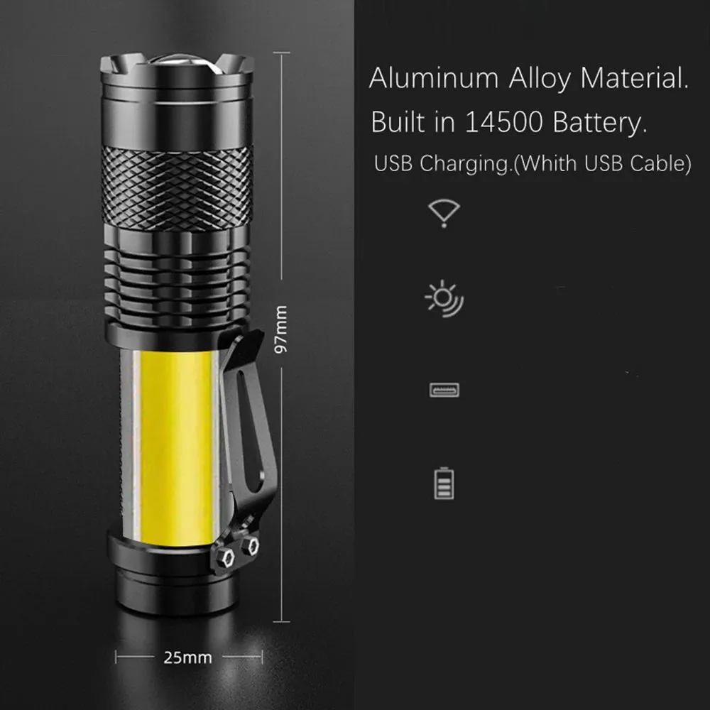 3 Lighting Light Torch Z00M USB Rechargeable Dimming COB Mini Strong FlashlightAluminum alloy shell Used for Camping