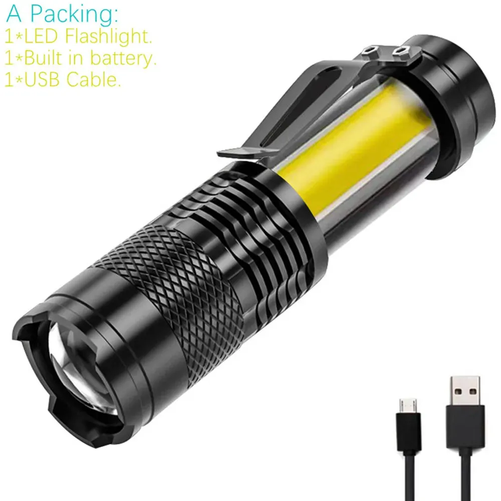 3 Lighting Light Torch Z00M USB Rechargeable Dimming COB Mini Strong FlashlightAluminum alloy shell Used for Camping