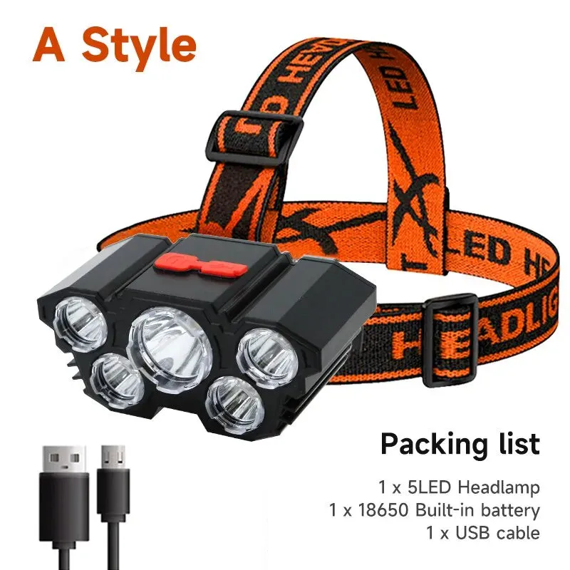 5 LED Flashlight Rechargeable with Built in 18650 Battery Strong Light Camping Adventure Fishing Head Light Headlamp