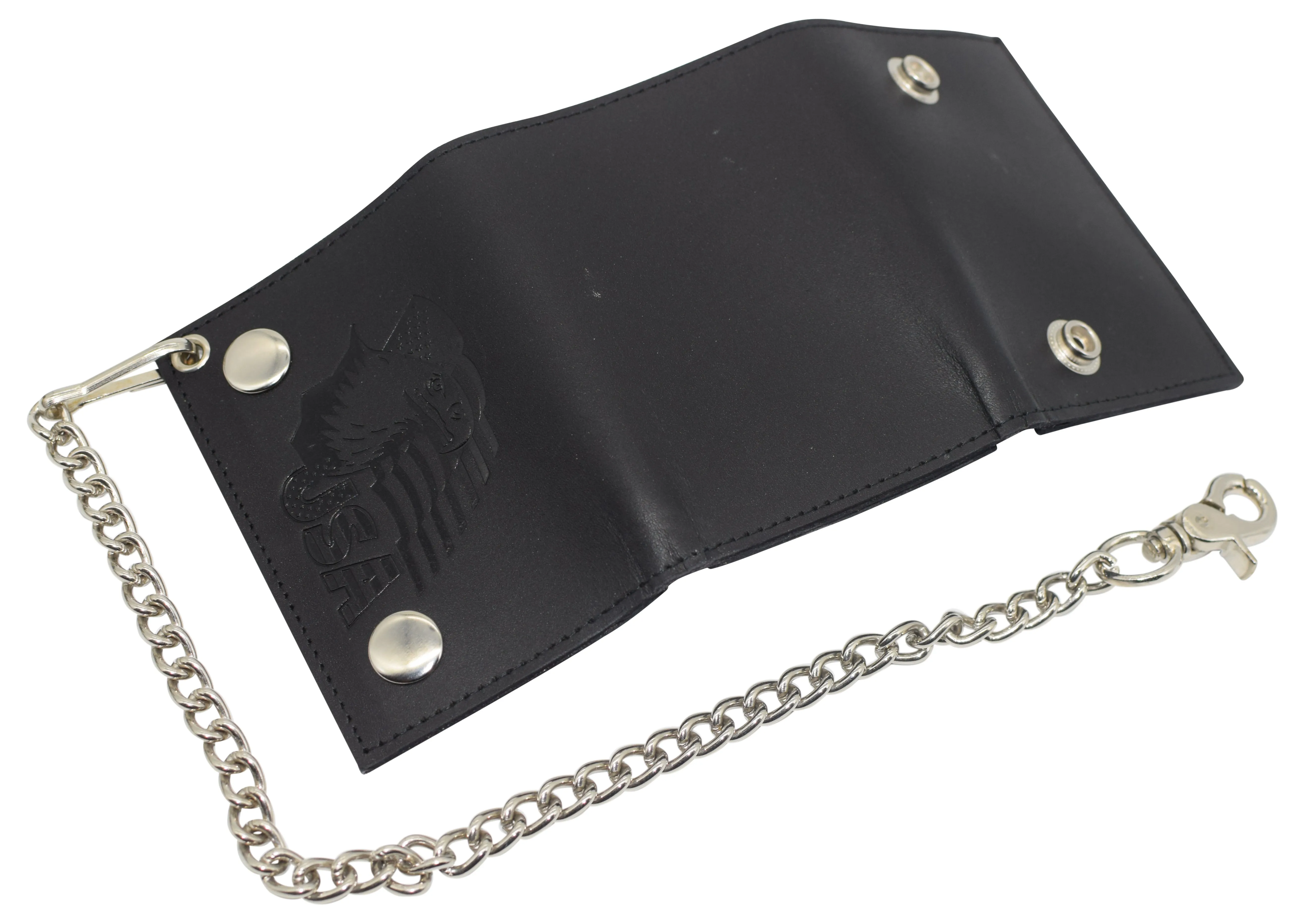 946-55 RFID Blocking Men's Tri-fold Biker Cowhide Genuine Leather Steel Chain Eagle USA Wallet Snap closure