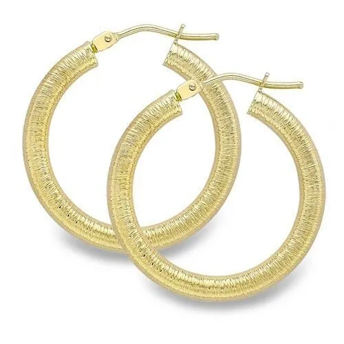 9ct Gold 20mm Brushed Wire Hoop Earrings