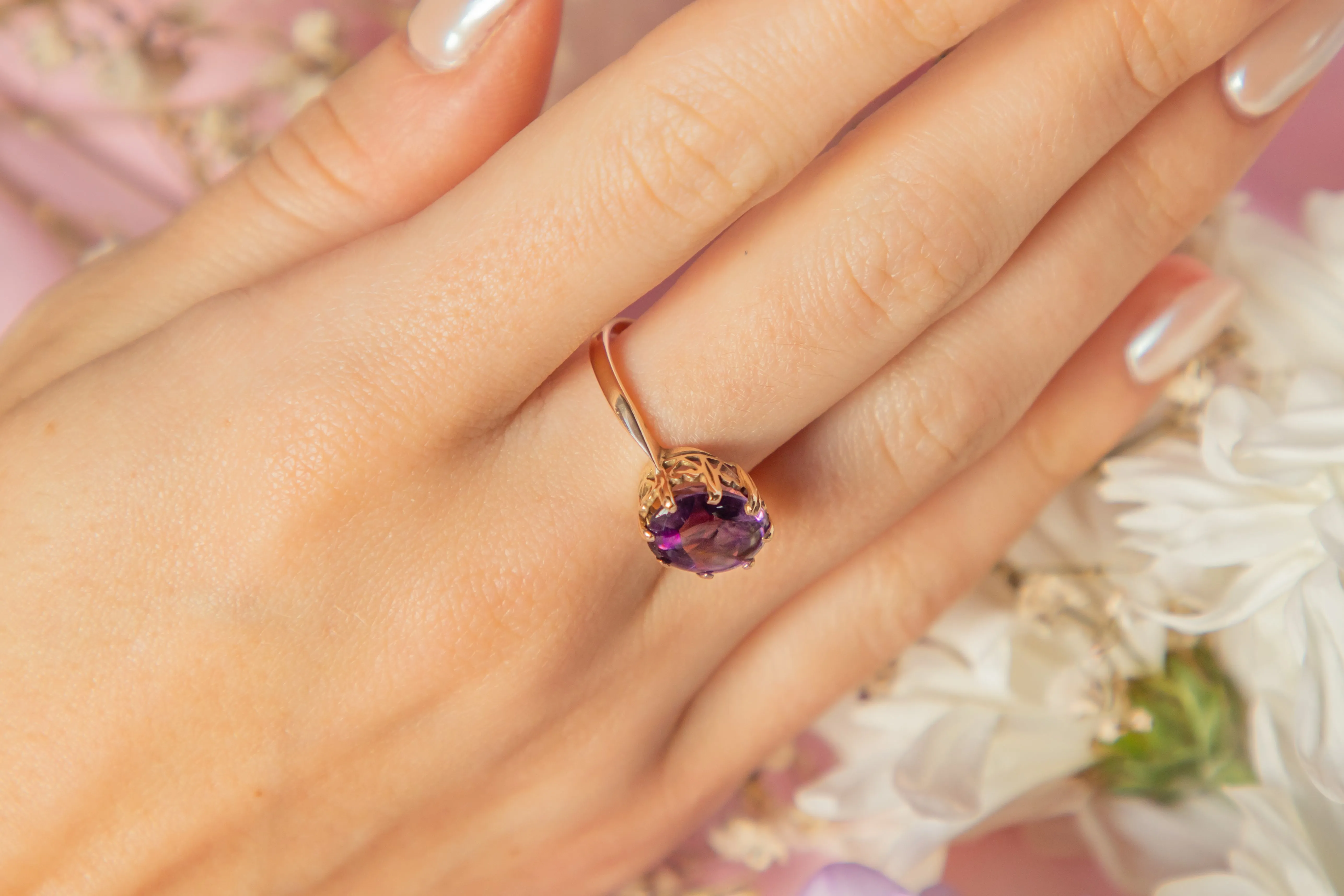 9ct Gold Amethyst Buff-Top Ring, Heart Settings