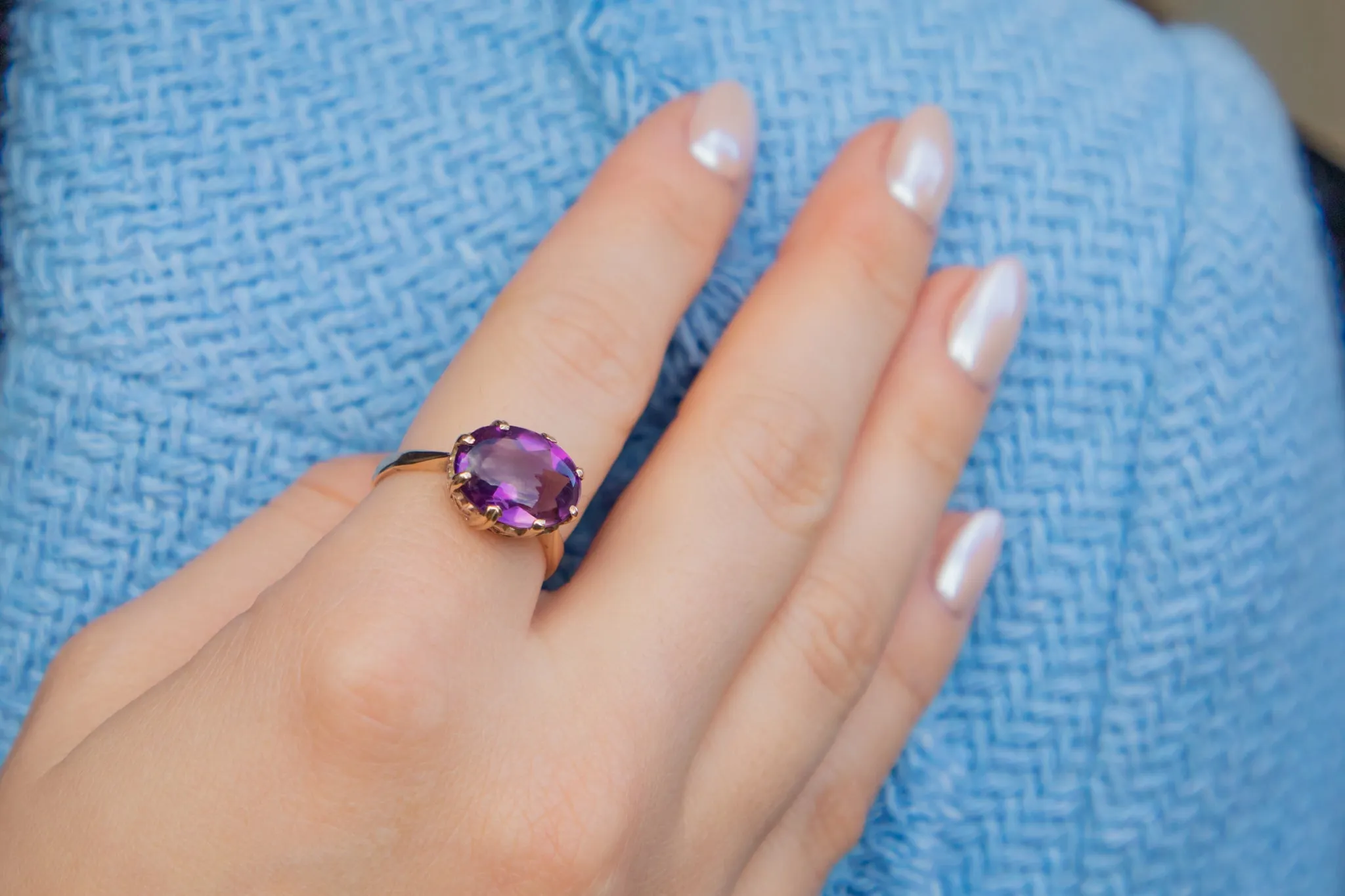 9ct Gold Amethyst Buff-Top Ring, Heart Settings