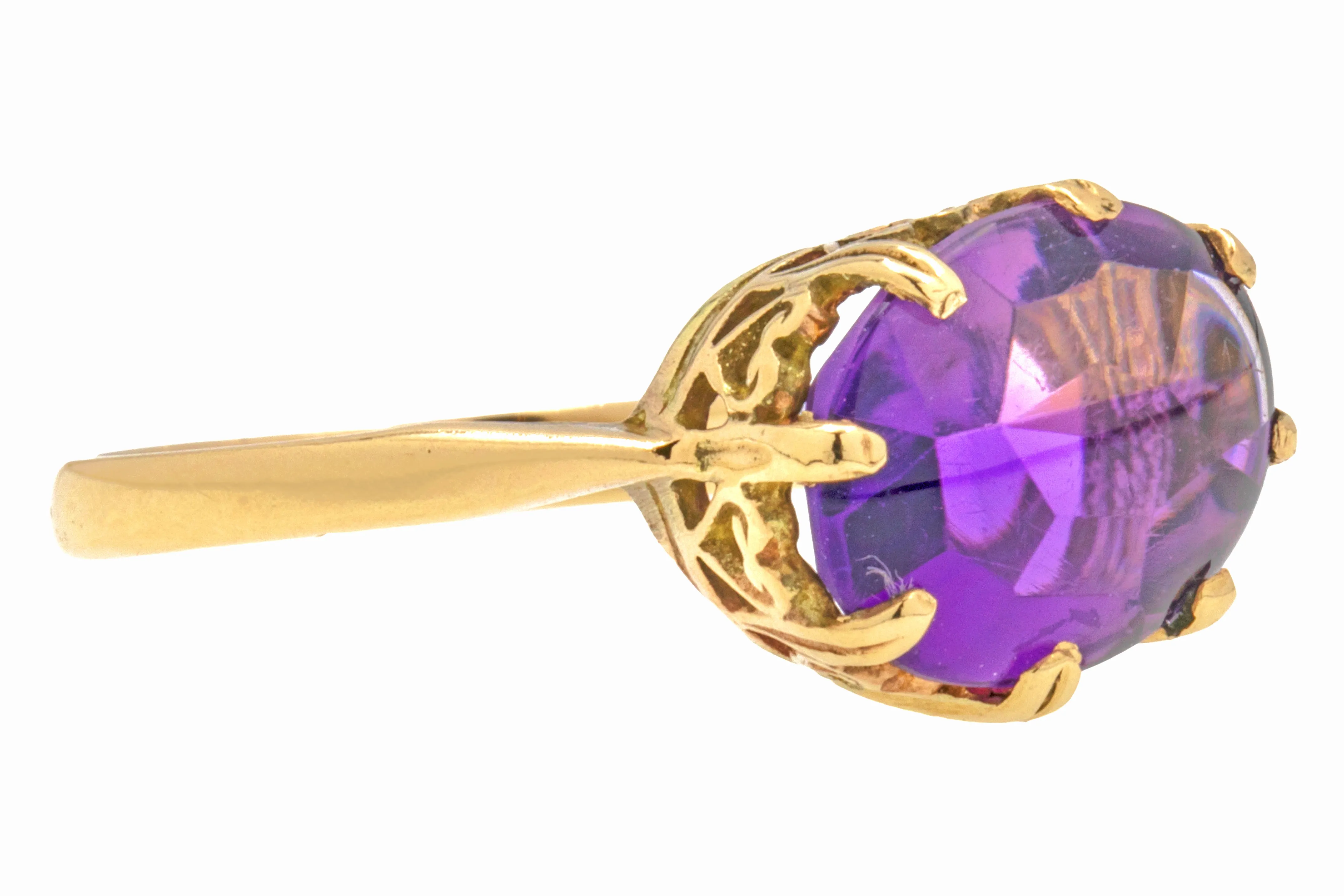 9ct Gold Amethyst Buff-Top Ring, Heart Settings