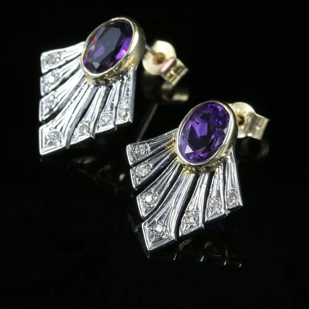 Amethyst And Diamond Fan Earrings 9Ct Gold