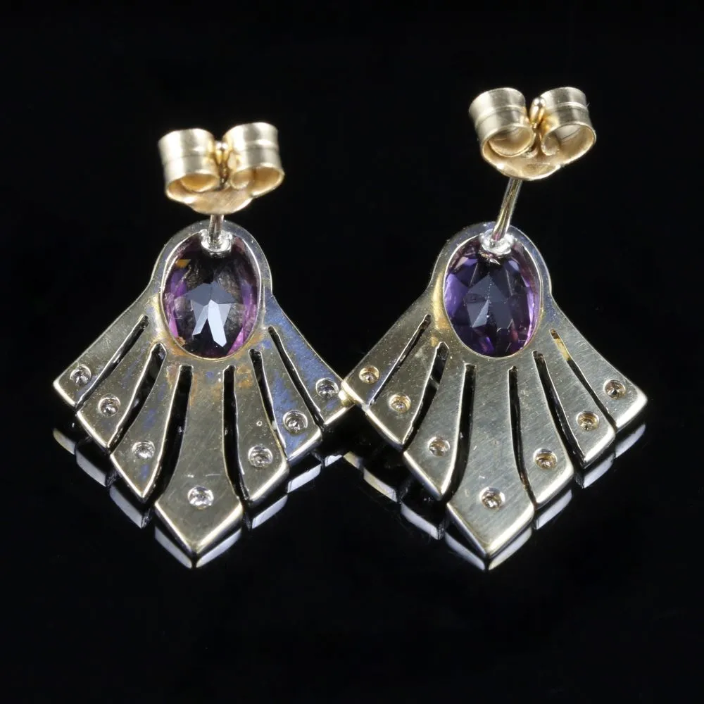 Amethyst And Diamond Fan Earrings 9Ct Gold