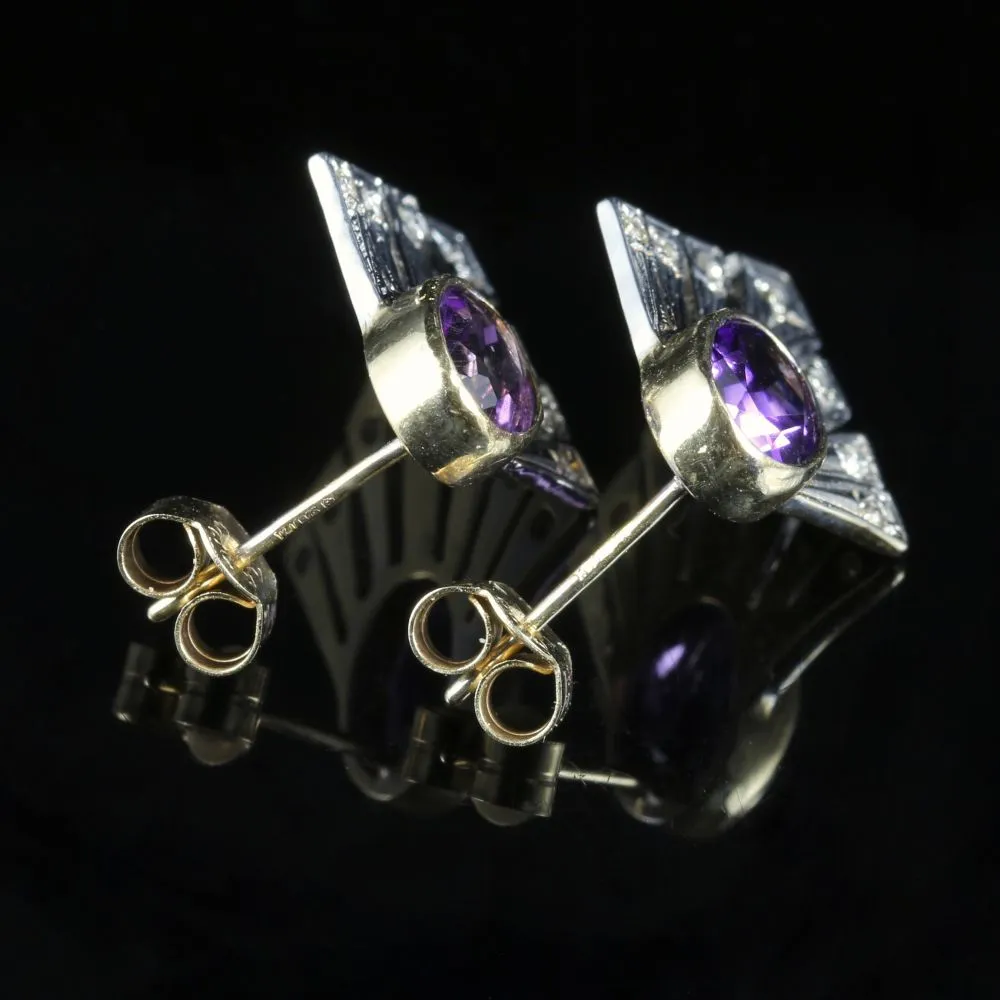 Amethyst And Diamond Fan Earrings 9Ct Gold