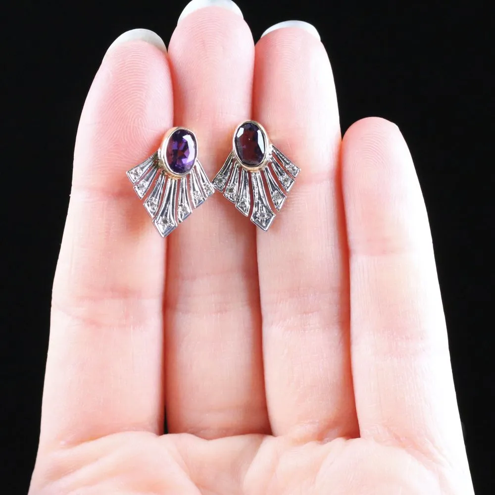 Amethyst And Diamond Fan Earrings 9Ct Gold