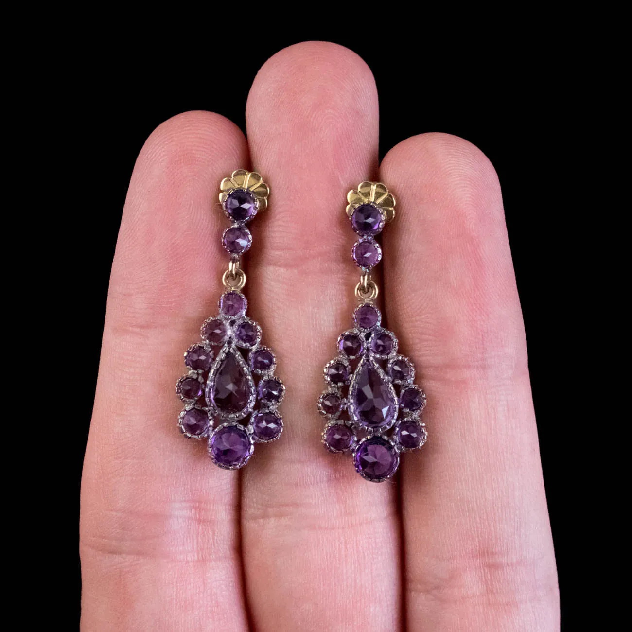 Amethyst Cluster Earrings Silver 18Ct Gold