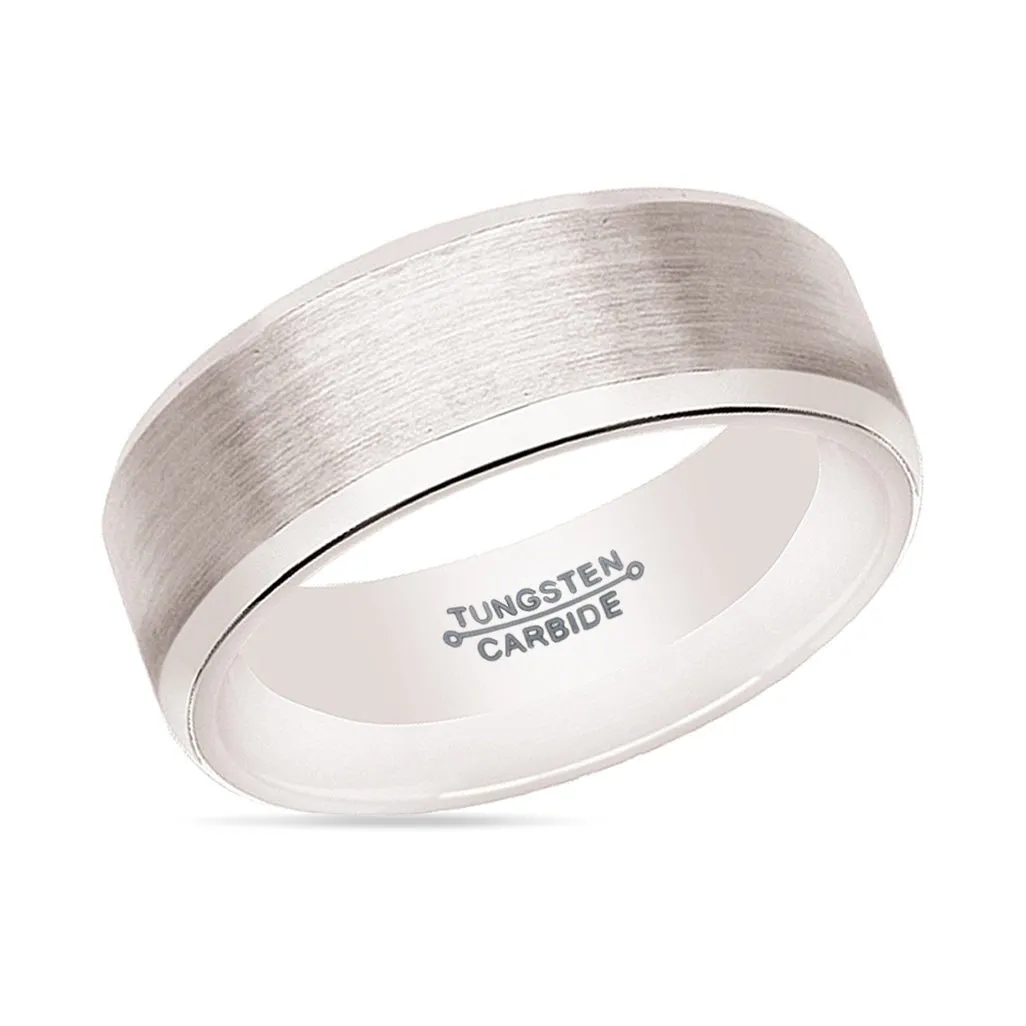 ANTARES | Silver Tungsten Ring, White Ceramic Interior, Beveled