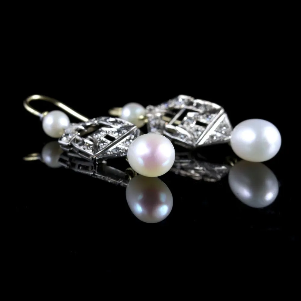 Antique Art Deco Diamond Pearl Earrings 18Ct Gold Circa 1920