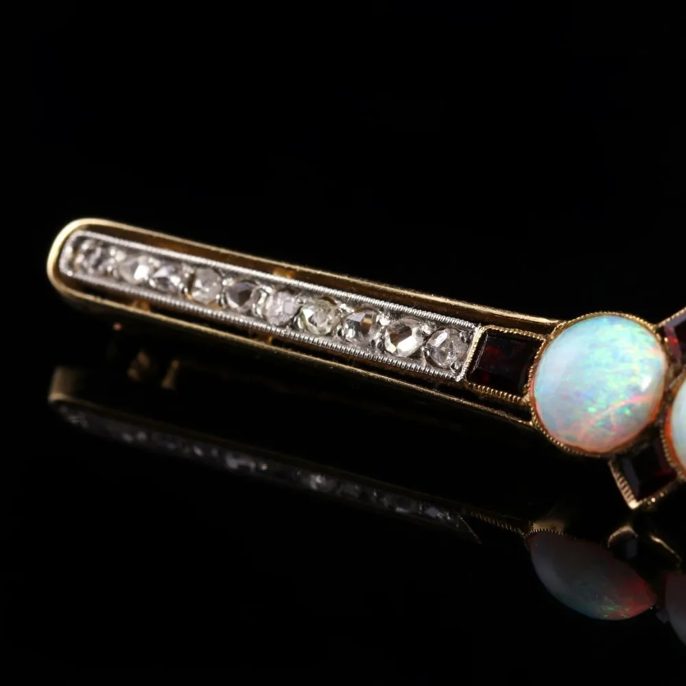 Antique Art Deco French Opal Diamond Garnet Brooch Circa 1920