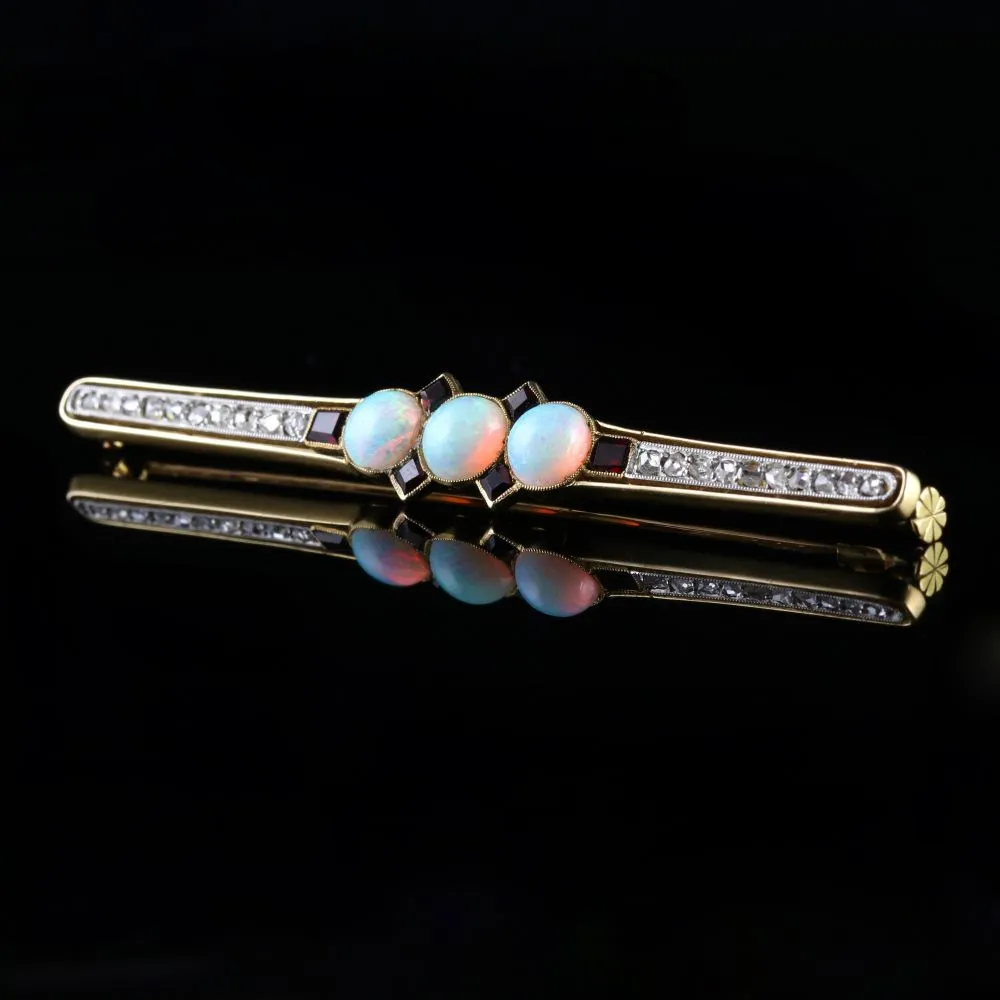 Antique Art Deco French Opal Diamond Garnet Brooch Circa 1920