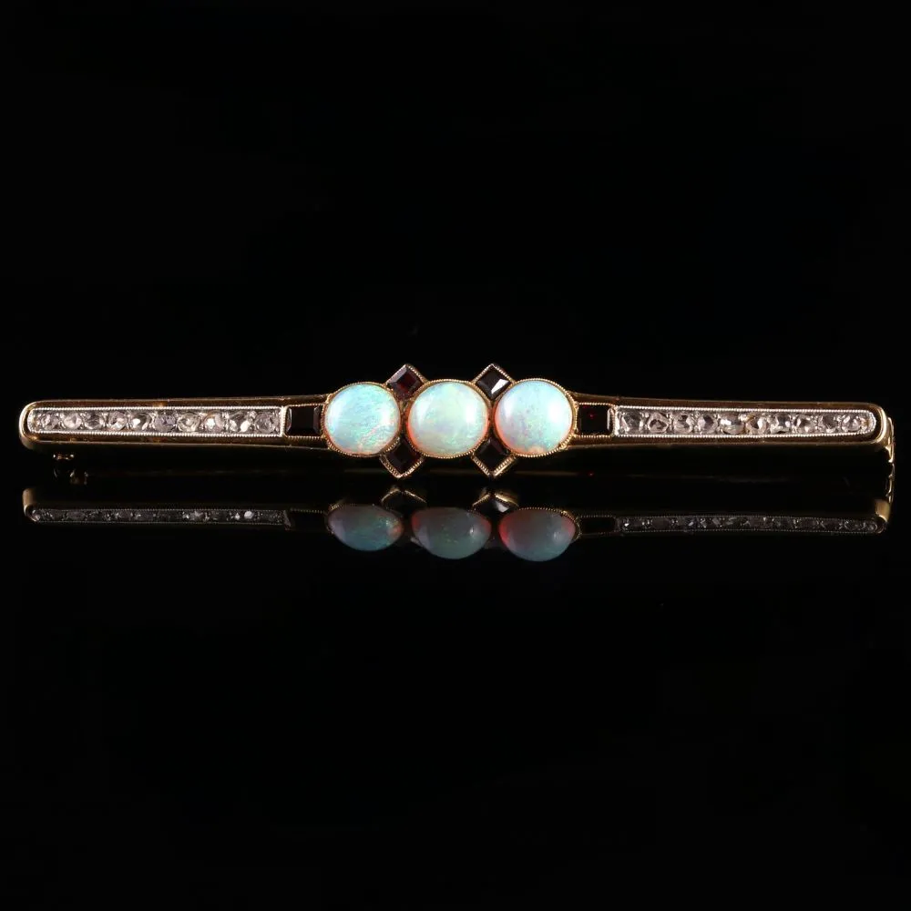 Antique Art Deco French Opal Diamond Garnet Brooch Circa 1920