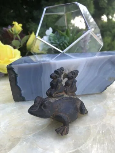 Antique Bronze Patina Metal Ethnic Tribal Couple Riding Frog Folk Art Sculpture