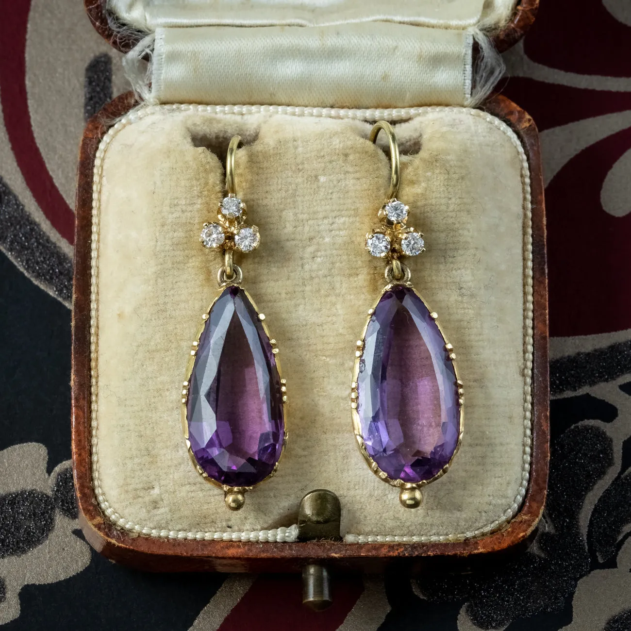 Antique Edwardian Amethyst Diamond Drop Earrings 7ct Amethysts