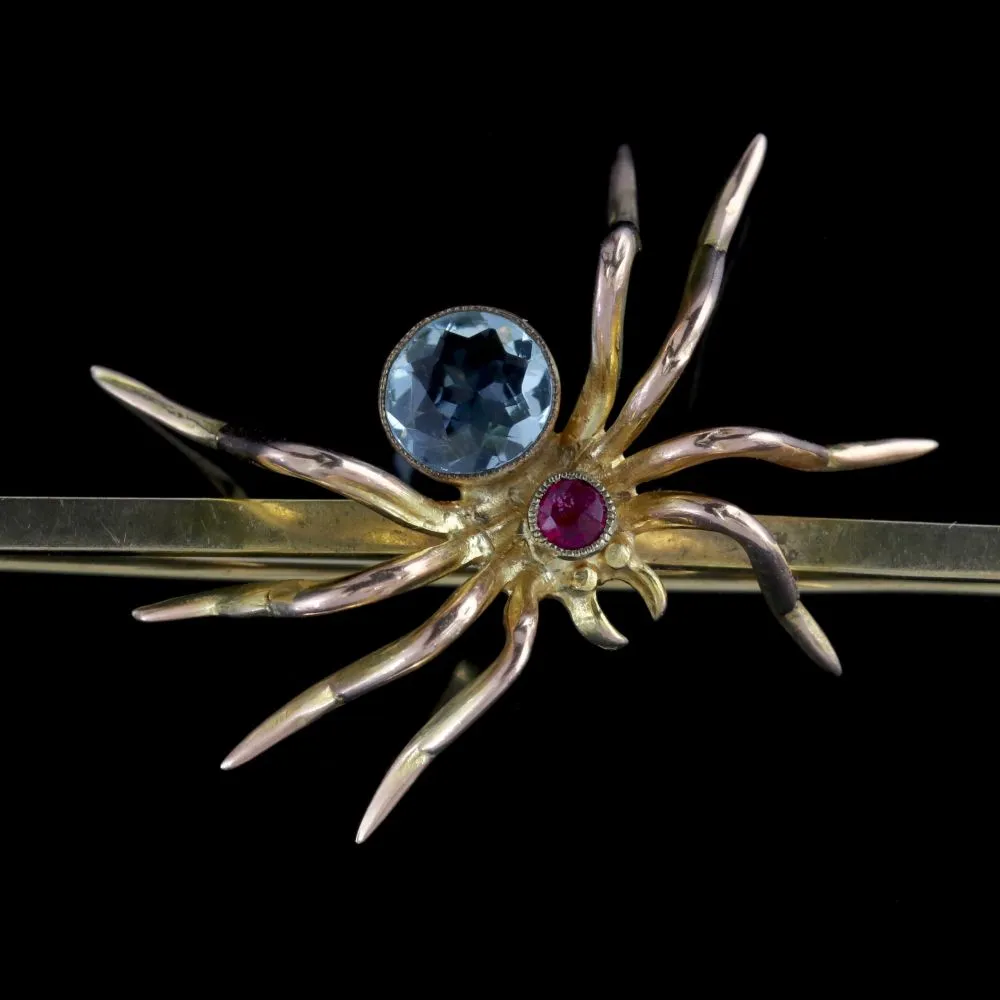 Antique Edwardian Aquamarine Spider Bar Brooch 9ct Gold