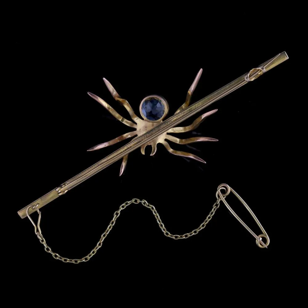 Antique Edwardian Aquamarine Spider Bar Brooch 9ct Gold