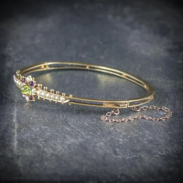 Antique Edwardian Suffragette Bangle Amethyst Peridot Pearl 15Ct Gold Circa 1910