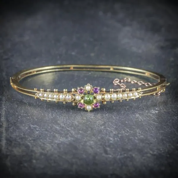 Antique Edwardian Suffragette Bangle Amethyst Peridot Pearl 15Ct Gold Circa 1910