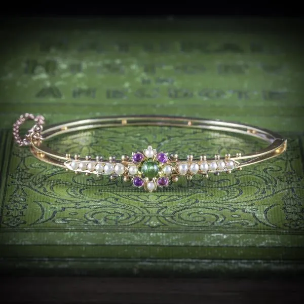 Antique Edwardian Suffragette Bangle Amethyst Peridot Pearl 15Ct Gold Circa 1910