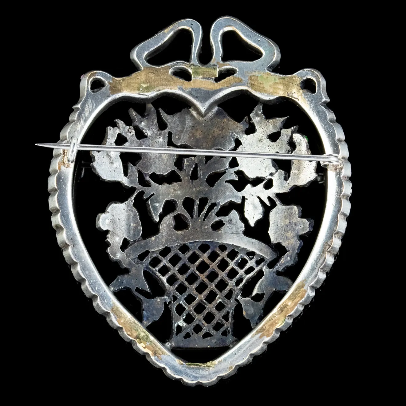 Antique Edwardian Suffragette Paste Heart And Flower Basket Brooch Circa 1910