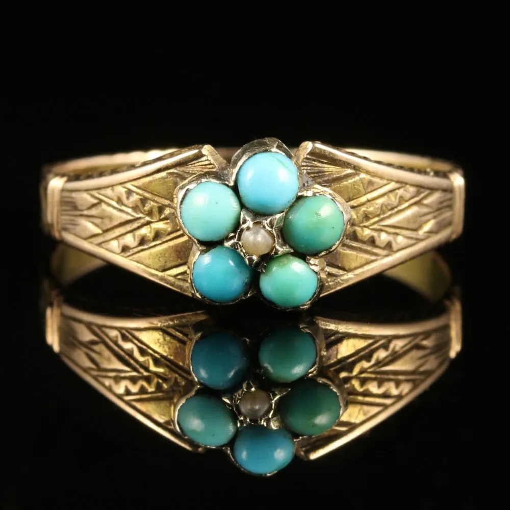 Antique Georgian Turquoise Pearl Ring 18Ct Gold Circa 1800