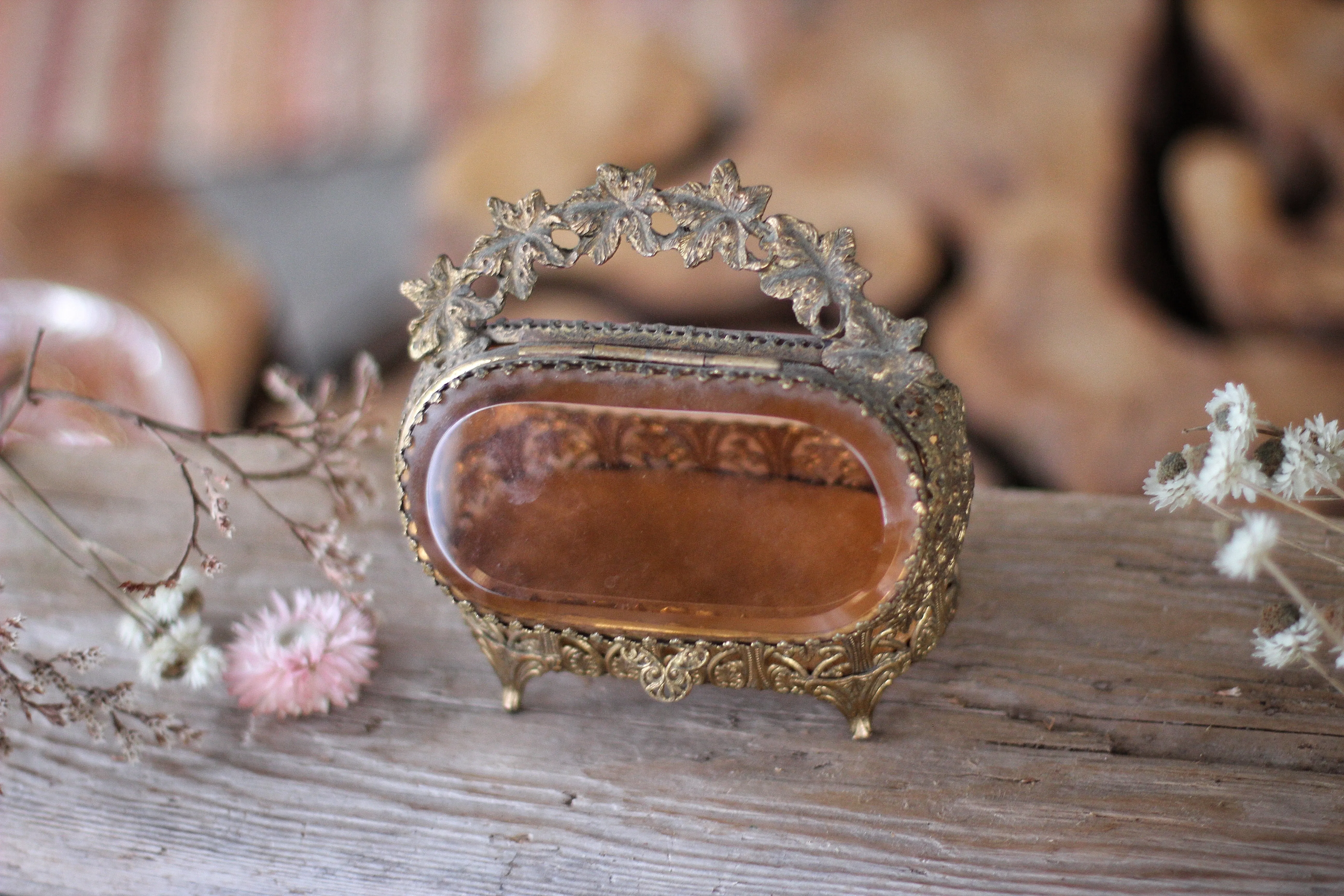 Antique Rare Amber Tinted Jewelry Box