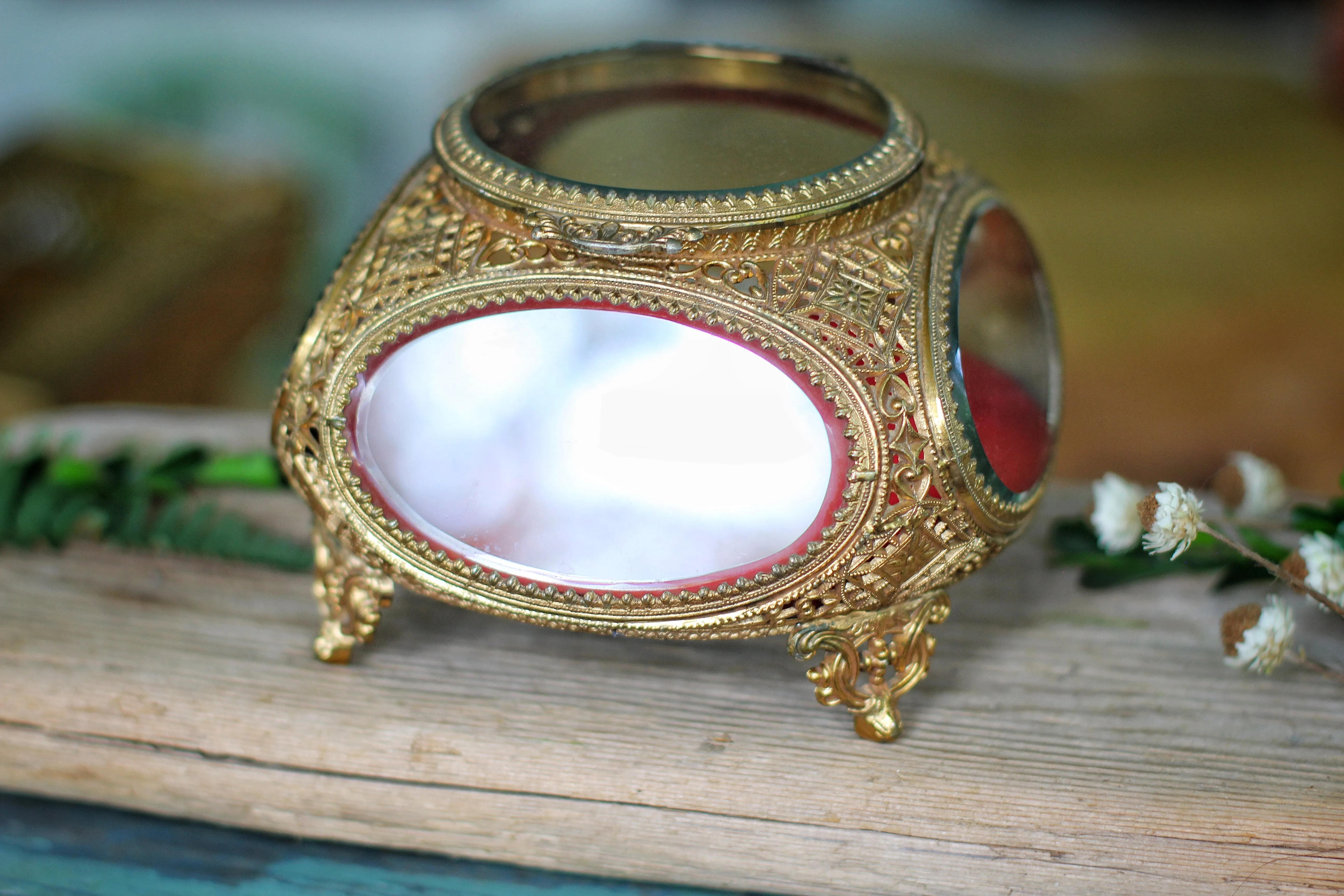 Antique Red Velvet Filigree Glass Jewelry Box