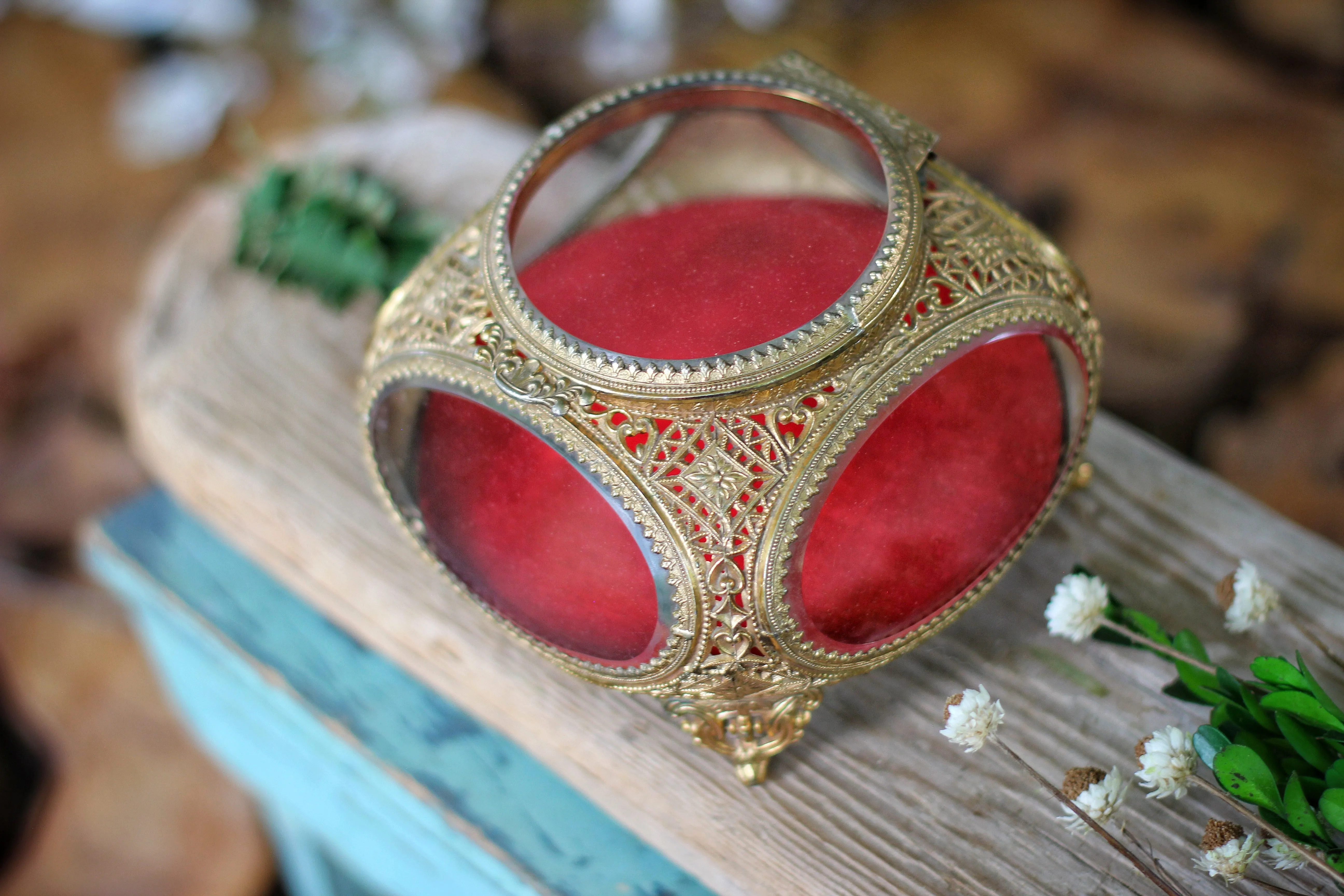 Antique Red Velvet Filigree Glass Jewelry Box