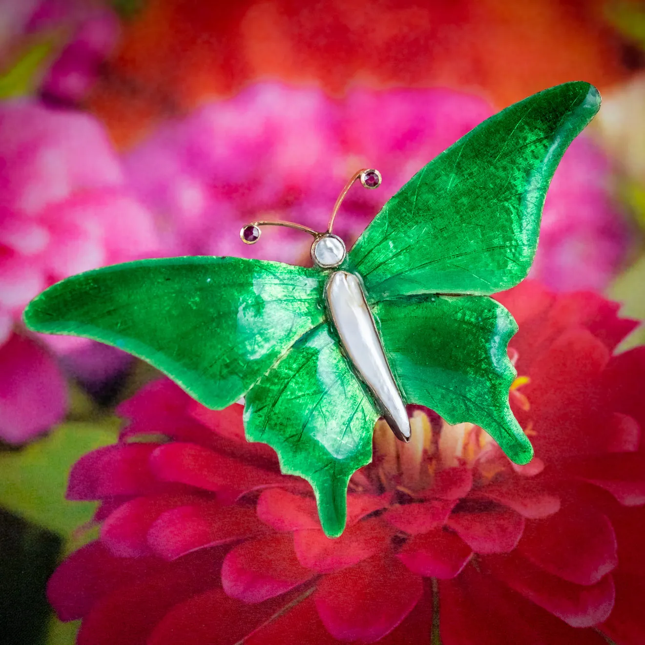 Antique Victorian Butterfly Brooch Green Enamel Ruby Pearl Circa 1890