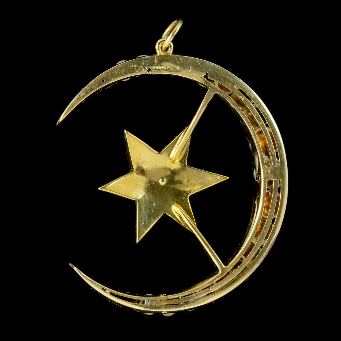 Antique Victorian Crescent Star Diamond Pearl Pendant 18Ct Gold Circa 1880