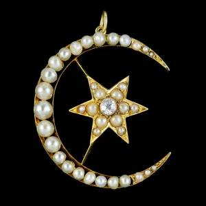 Antique Victorian Crescent Star Diamond Pearl Pendant 18Ct Gold Circa 1880