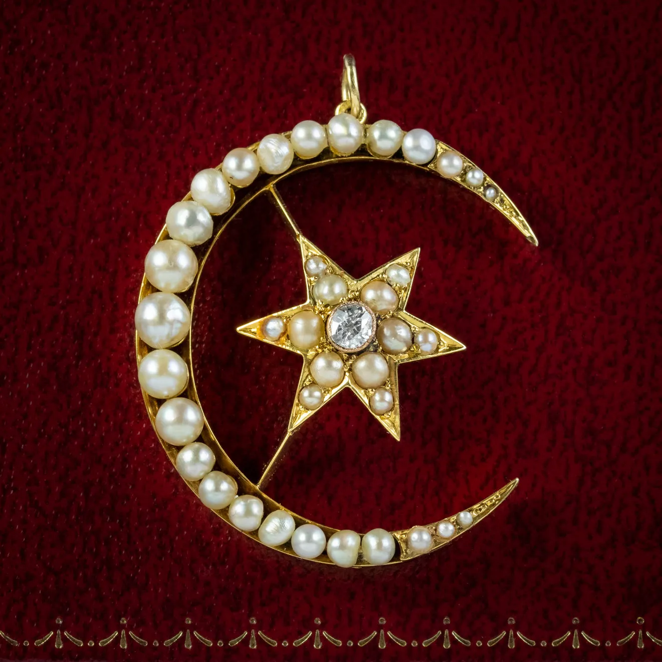 Antique Victorian Crescent Star Diamond Pearl Pendant 18Ct Gold Circa 1880