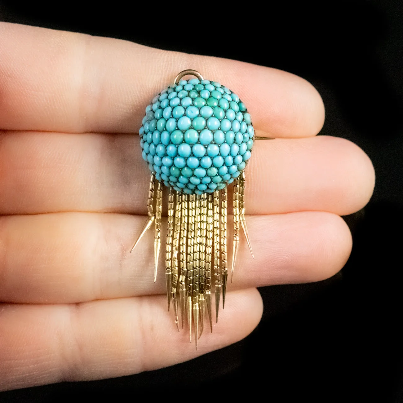 Antique Victorian Etruscan Turquoise Tassel Brooch 18ct Gold