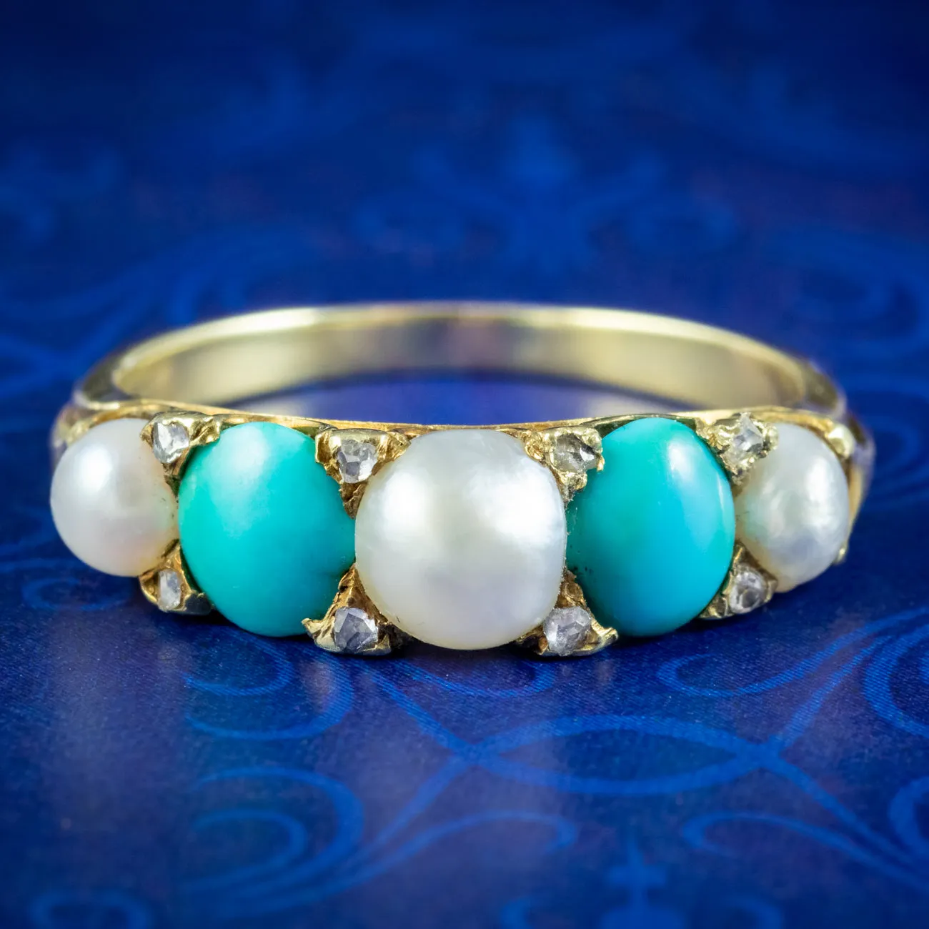 Antique Victorian Five Stone Turquoise Pearl Diamond Ring