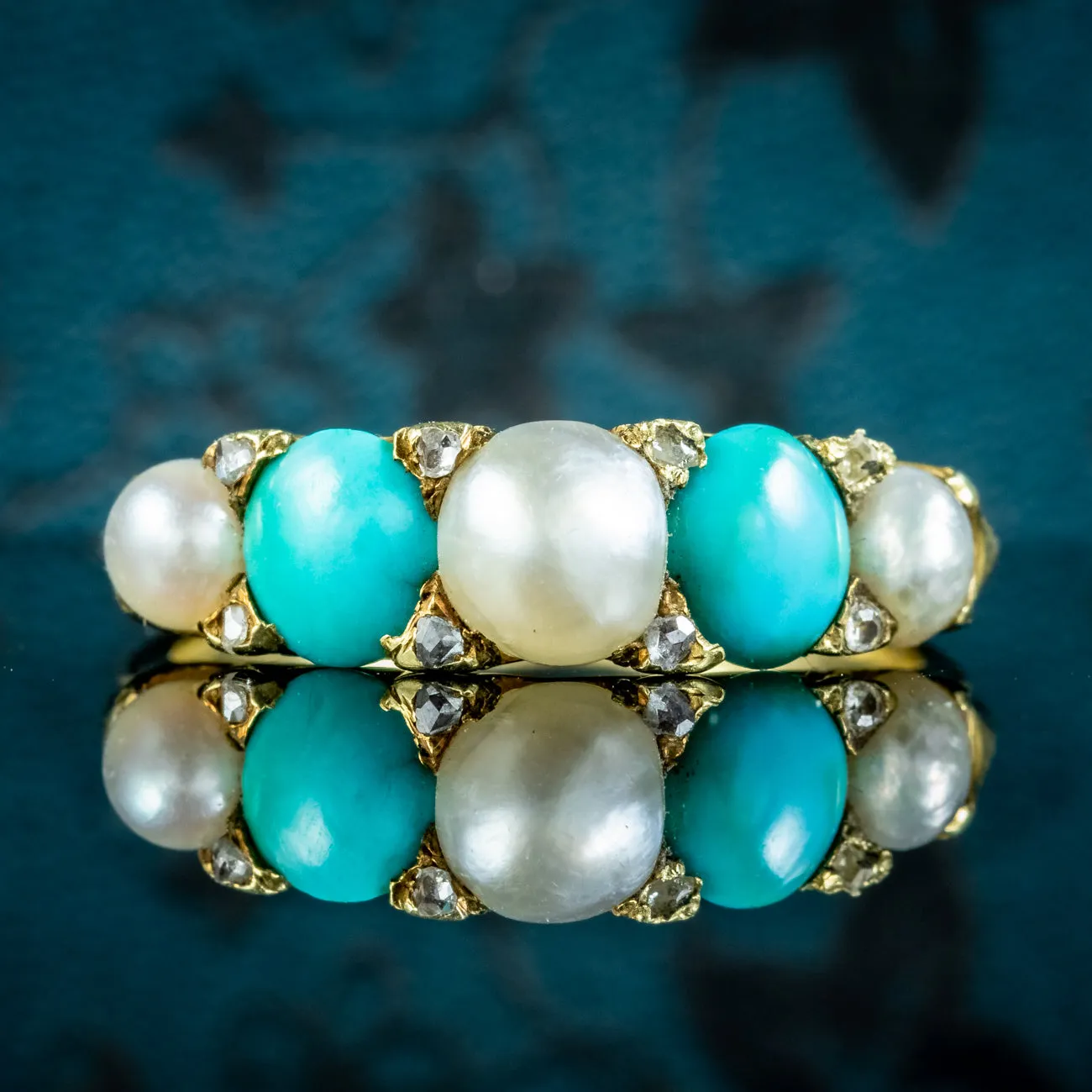 Antique Victorian Five Stone Turquoise Pearl Diamond Ring