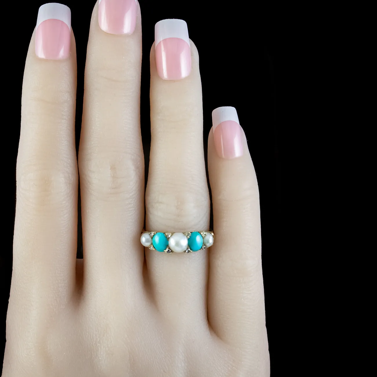 Antique Victorian Five Stone Turquoise Pearl Diamond Ring