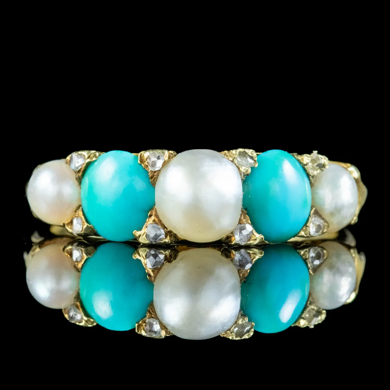 Antique Victorian Five Stone Turquoise Pearl Diamond Ring