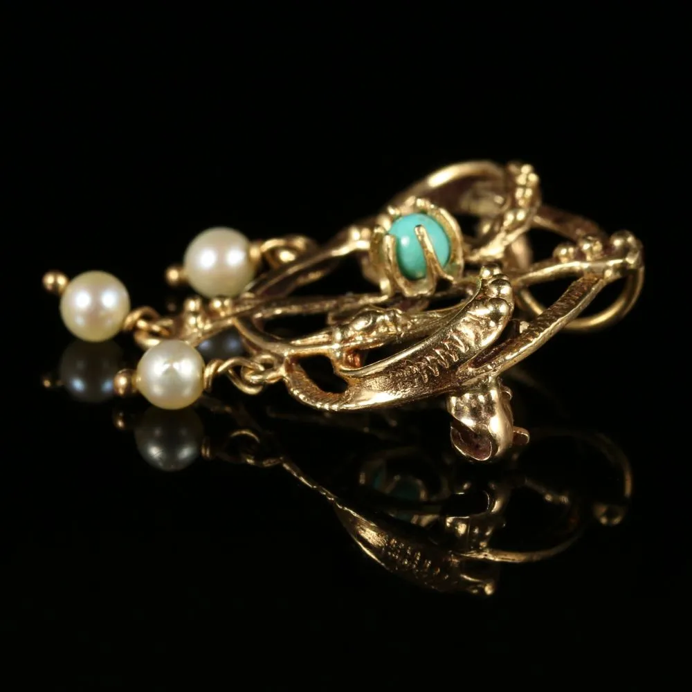 Antique Victorian Gold Brooch Turquoise Pearl 14Ct Circa 1900